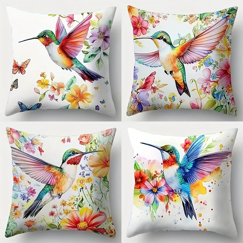 Vibrant Hummingbird and Floral Print Throw Pillow Covers Four Piece Set Nursery Room Boho Botanical Printed Case Home Decor Cush