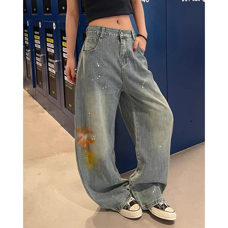 

Осень 202, женские винтажные синие мешковатые джинсы Y2k, Harajuku, джинсовые брюки-бойфренды 90-х годов, уличная одежда, брюки 2000-х годов, одежда больших размеров