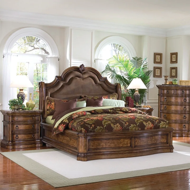 Solid Wood  Double Bed   American Style Country Frosted Leather  Antique Carved 1.8 Meter Soft Queen Bedroom Home Furniture