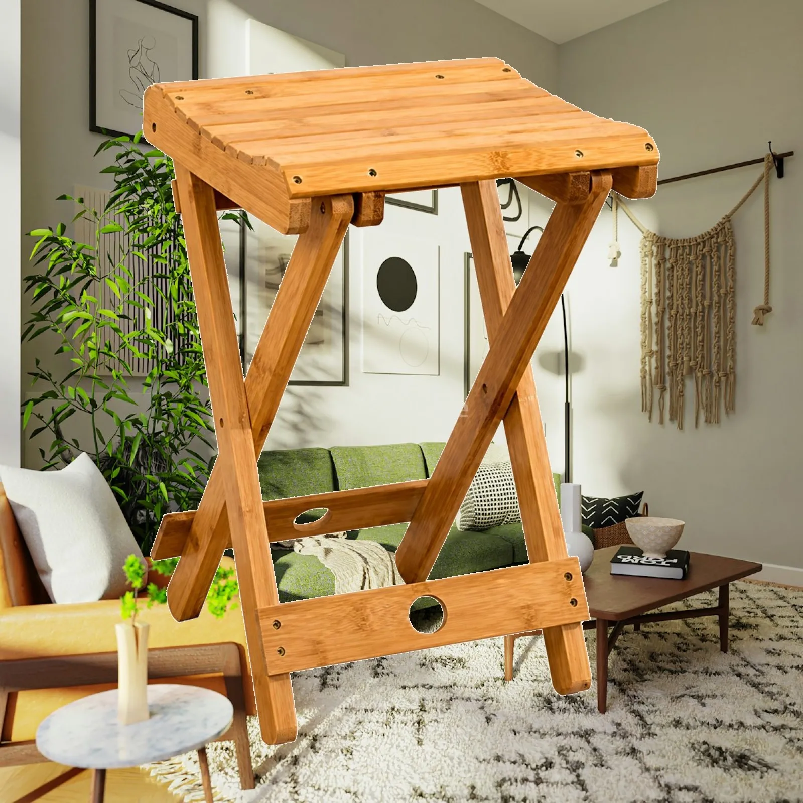 Slatted Bamboo Folding Stool Space-Saving Bamboo Stool with Slatted Seat Long-Lasting Stable for Household Seating