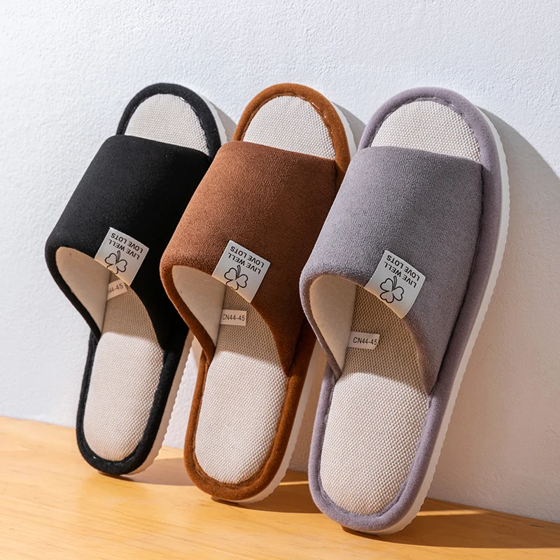 Men's Breathable Open-Toe House Slippers - Comfortable Linen Indoor Slides, Anti-Slip & Odor-Resistant Bedroom Winter Slippers