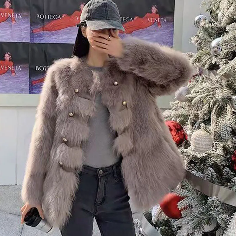 

Women's Solid Color Loose Casual Faux Fur Coat 2023 Winter Imitation Fox Fur Coat Female Simple Style Office Lady Faux Fur Coat