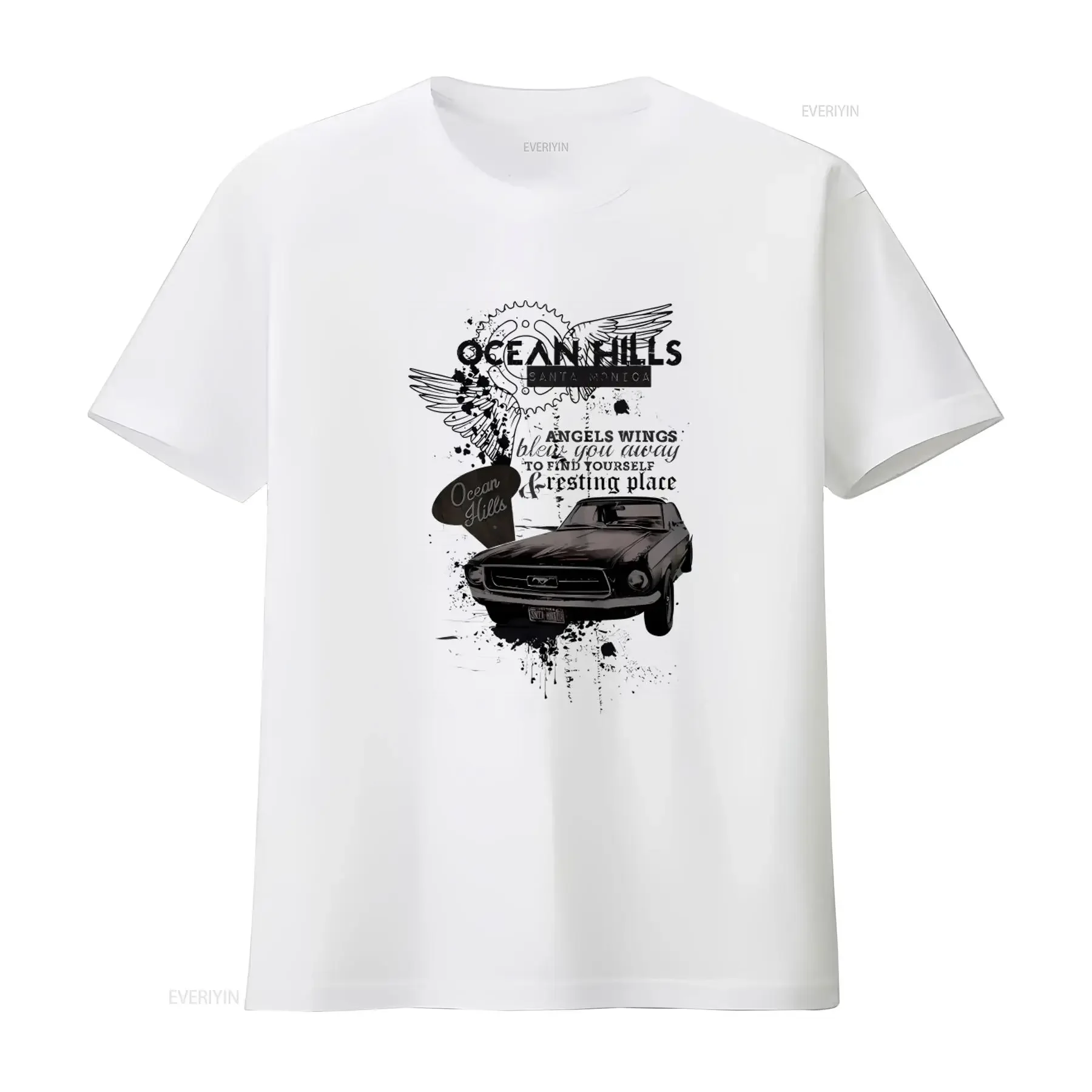Ocean Hills Santa Monica Angel Wings T Shirt for Men with Classic Car Design Find Your Resting Place in Style vintage Washed