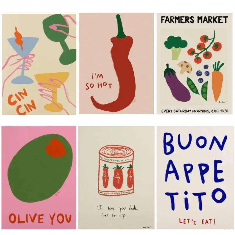 Retro Aesthetic Kitchen Quotes Food Chef Cocktail Tinned Tomato Illustration Poster Canvas Painting Wall Pictures Home Decor