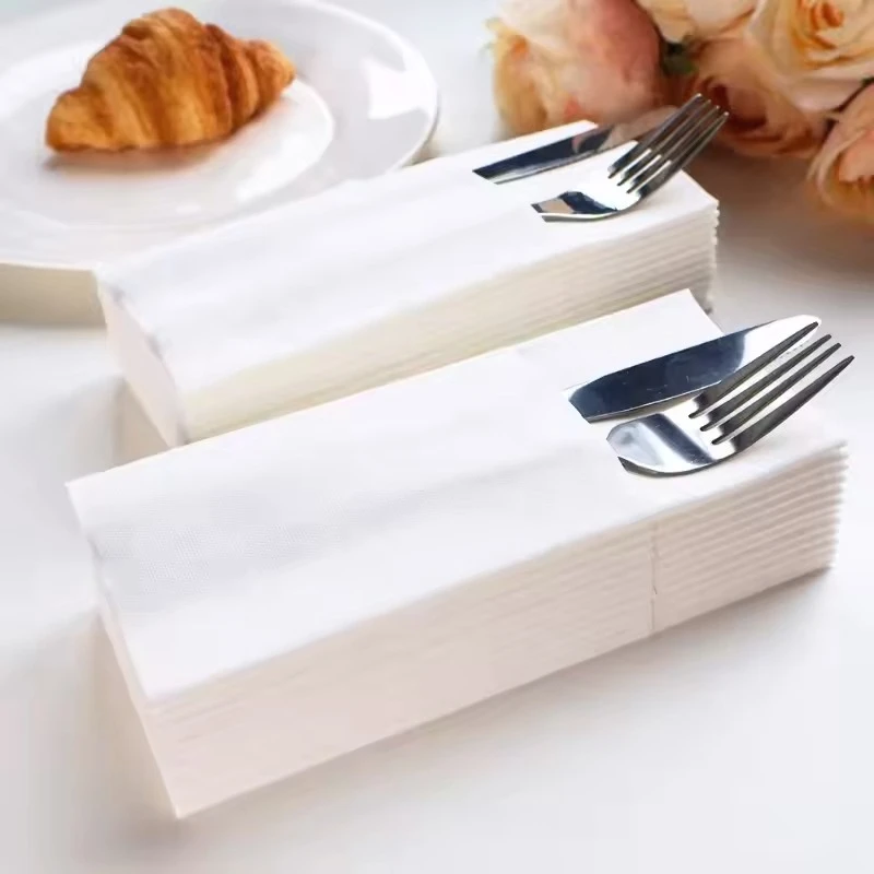 25/50PCS White Prefolded Knife Fork Napkins Built-In Pockets  Disposable Knife Fork Napkins Disposable Restaurant Utensil