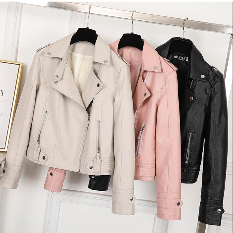 

Autumn Artificial Leather Jacket For Women Lapel Long Sleeved Zipper Solid Color PU Jackets American Casual Fashion Female Coat
