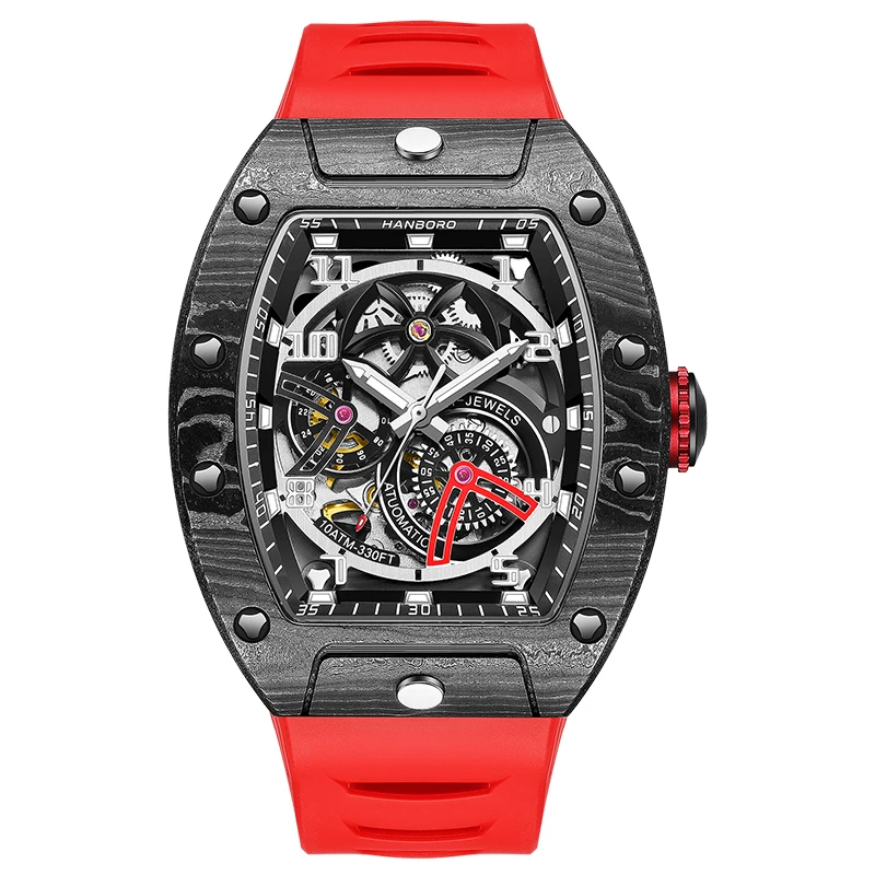 HANBORO 남자 자동 시계 토노 탄소 섬유 케이스 기계식 손목 시계 5Bar 빛나는 해골 다이얼 사파이어 미러