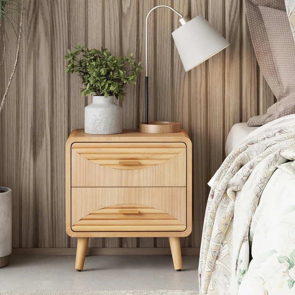 

handcrafted mid-century farmhouse nightstand with two drawers, boho rustic style, natural wood finish