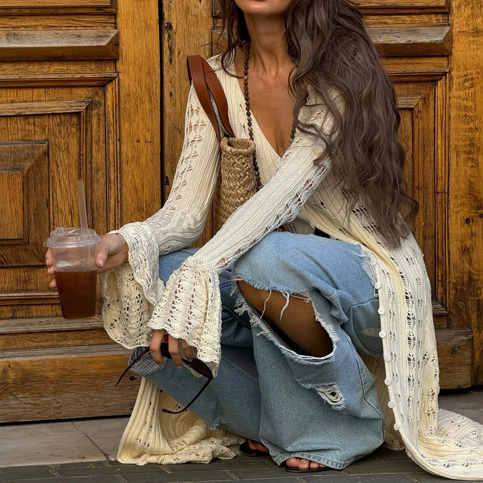 Modische, lockere, gerade Hose mit weitem Bein für Damen, zerrissene, trendige Jeans, geschnittene Hose, Jeans im neuen Stil