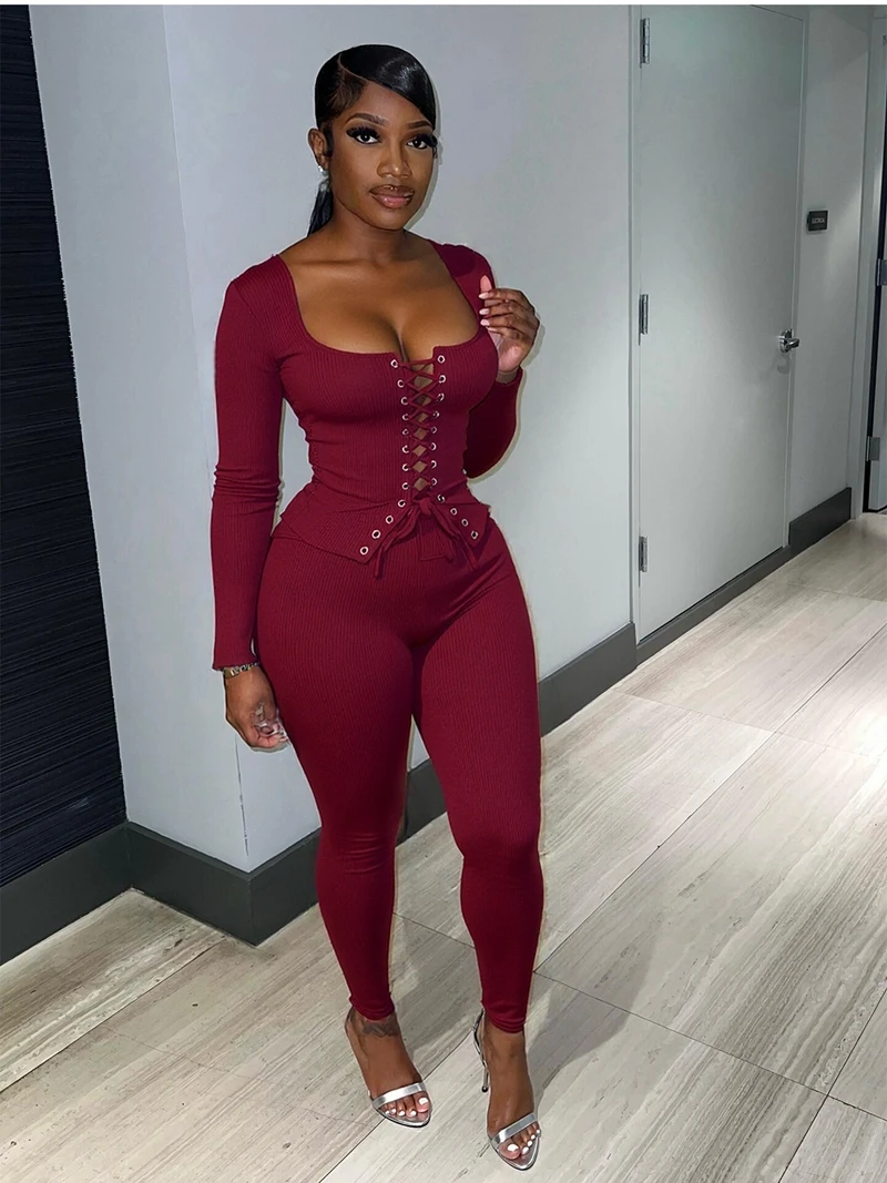 

STYLISH LADY Solid Color 2 Piece Set Women Lace Up Top and Skinny Pant Suits 2025 Autumn Wine Red Elegant OL Party Outfits