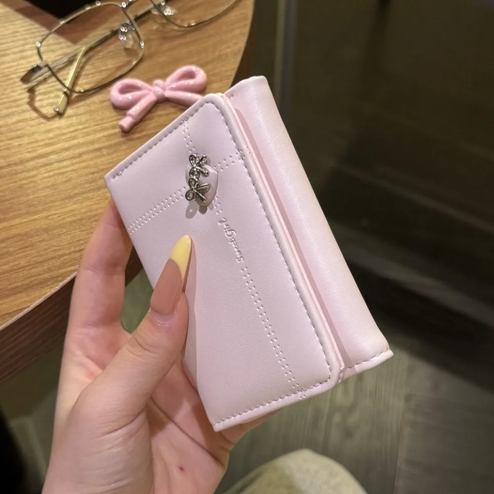 Cute Large Capacity Love Bow Wallet Multi-card Slot Foldable Tri-fold Short Wallet Compact PU Leather Card Holder Gift