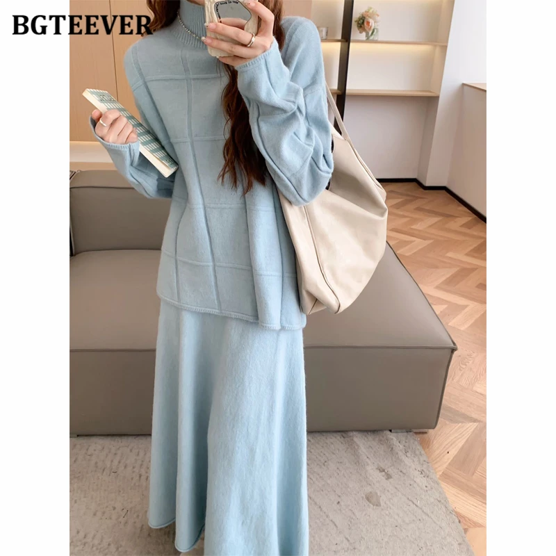 BGTEEVER Autumn Winter Fashion Loose Women Knitted Skirt Set Long Sleeve Turtleneck Sweaters Tops & High Waist A-line Skirts