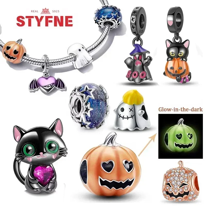 

Happy Halloween 925 Sterling Silver Pumpkin Black Cat Charms Bead Pendant For Original Bracelet for Women Holiday Souvenirs Diy