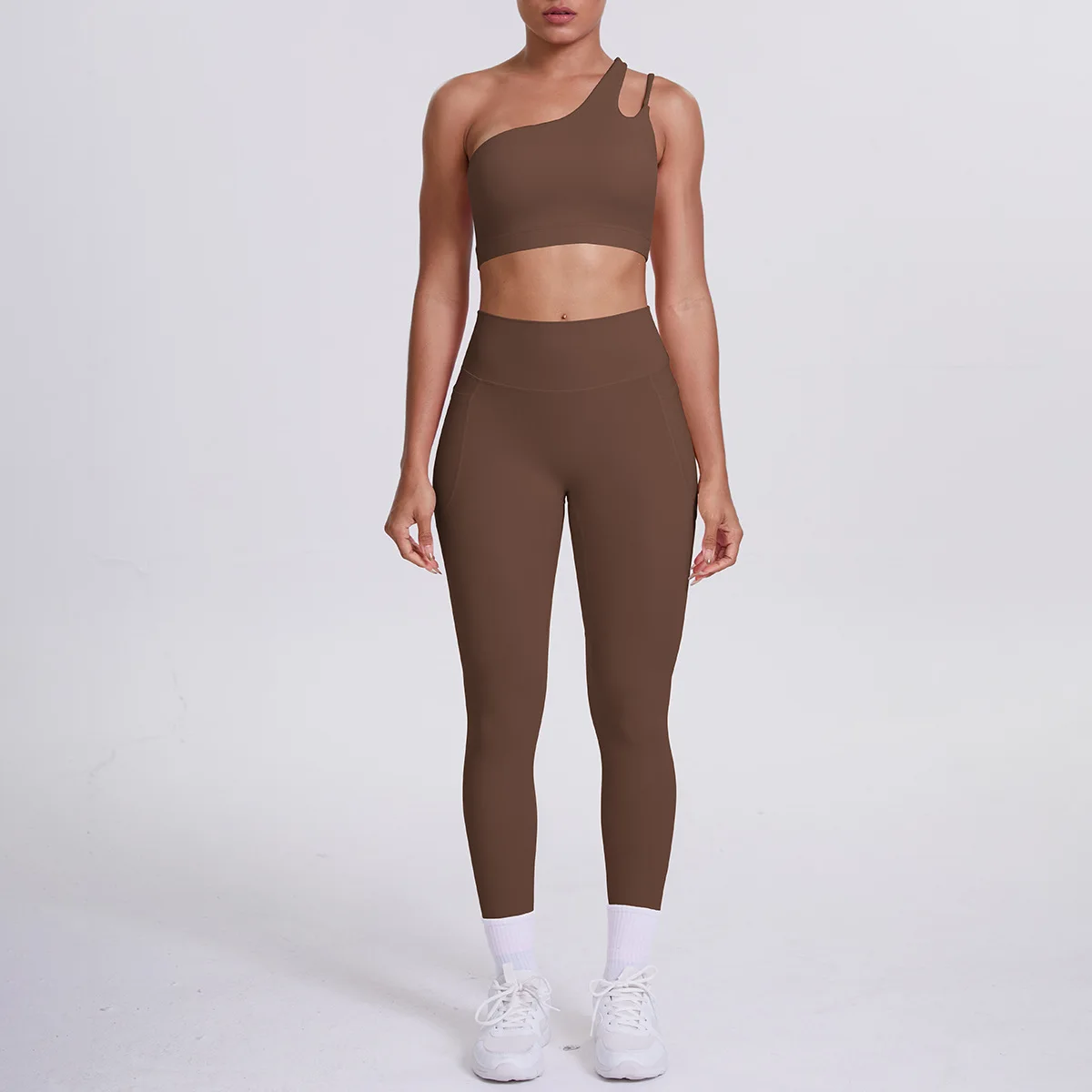 

Women's 2 Piece Yoga Set Double-Sided Brushed Asymmetric Single Shoulder Top with Pocket Leggings Workout Outfit