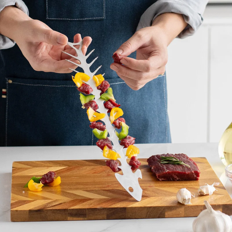1pcs Multi Functional DIY New Stainless Steel Fish Shaped Barbecue Skewer Meat Threading Tool Corkscrew