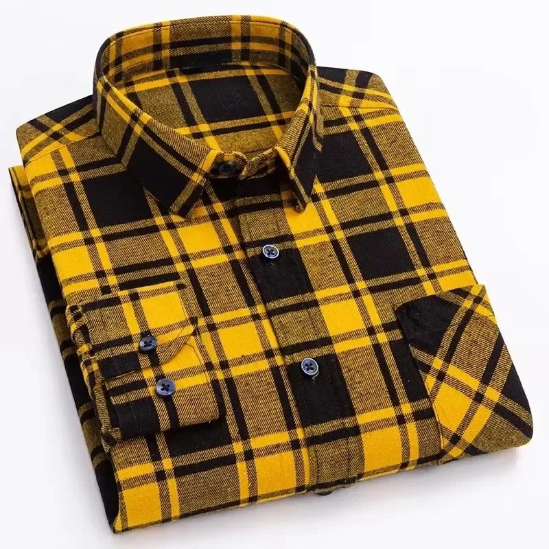 New 2025 Vintage Pure Cotton Plaid Shirts for Men, Multi-color Long Sleeved All Cotton Brushed Business Casual Camisa Hombre