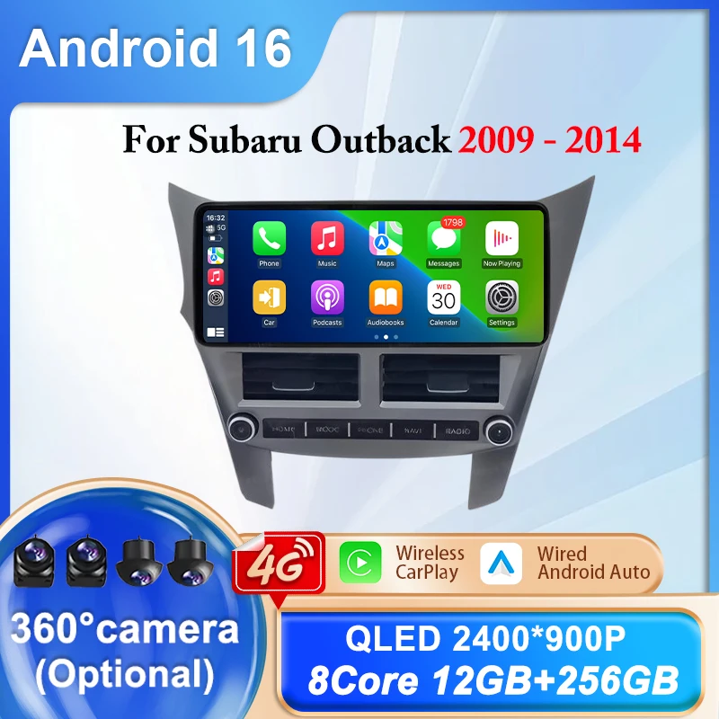 12.3 inch for Subaru Outback 2009 - 2014 Carplay Auto Android 16 UItra-thin Screen Split Screen GPS Navigation WIFI DSP BT