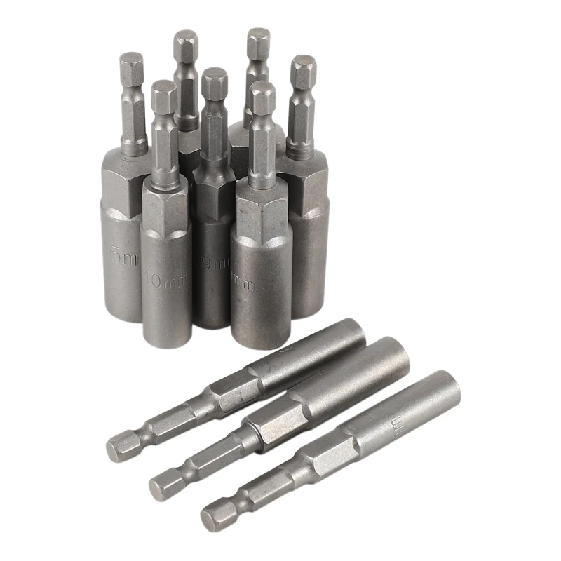 B62B 10Pc 1/4 Inch Hex Bit Socket Set Deep Long 80mm Impact Drill Socket Adapter 6-15mm Chrome Vanadium Steel