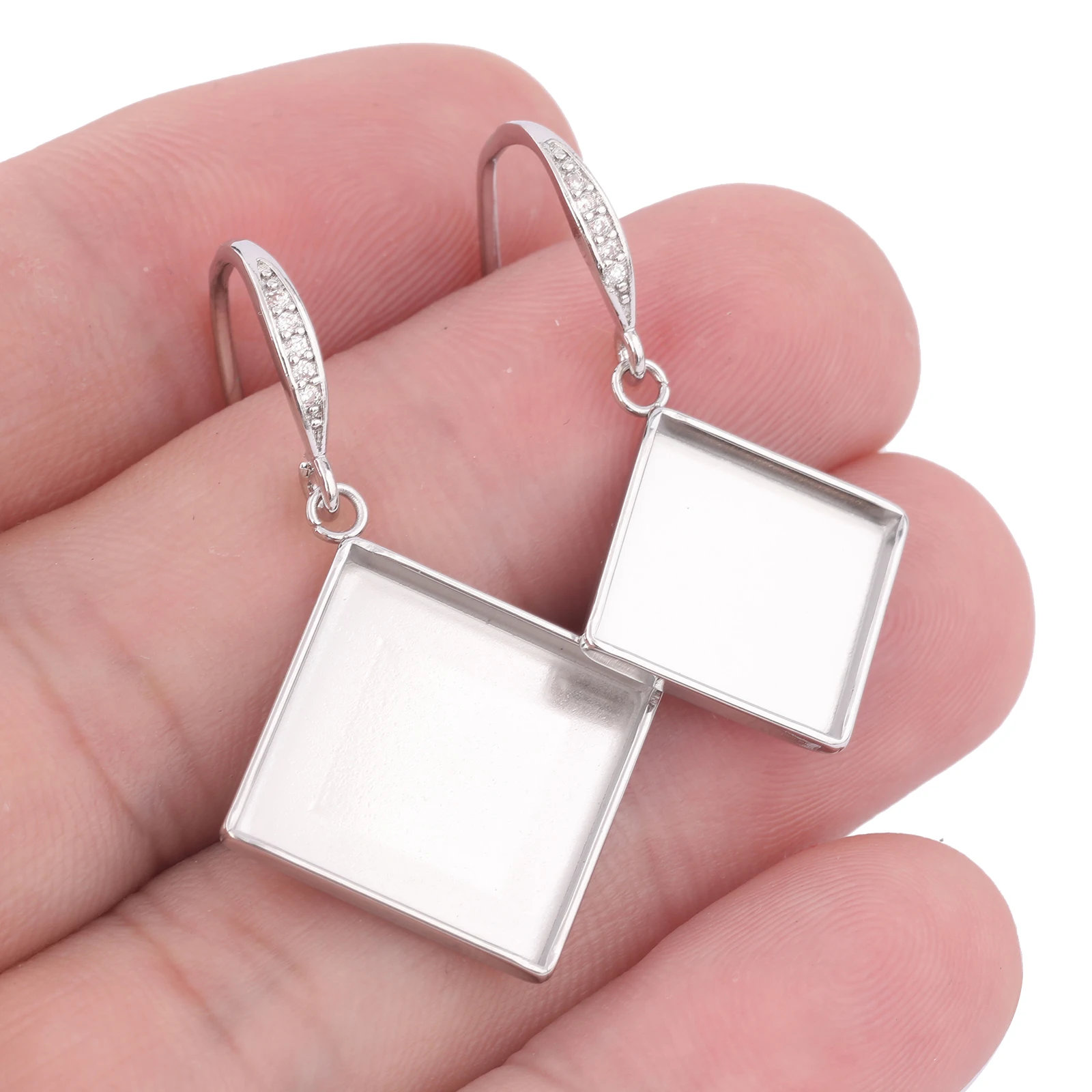 10pcs Zircon Stone Earring Wire Hooks Findings Fit 12mm 15mm Square Cabochon Earring Base Setting Blanks Stainless Steel Diy