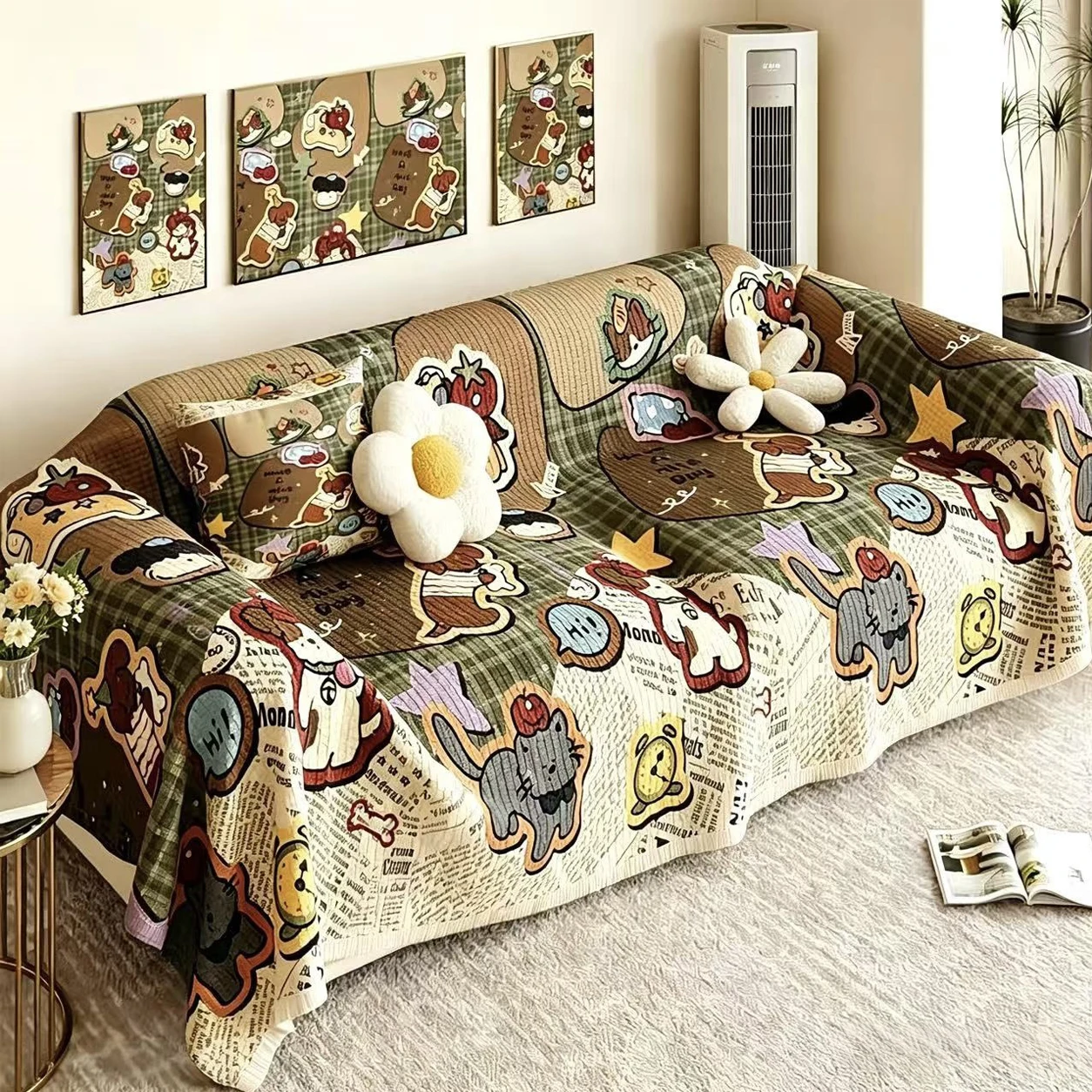 All-Season Sofa Blanket Cover, Multifunctional Furniture Protector, Cartoon Pattern Throw, Non-Slip Universal Cushion Pad
