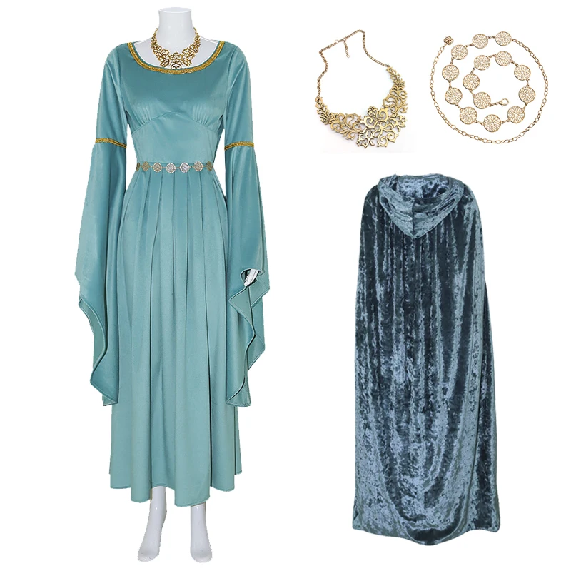 Disfraz de El Señor de los Anillos, disfraz de princesa elfo, capa, vestido largo, disfraz de actuación en el escenario de Halloween, reina elfo