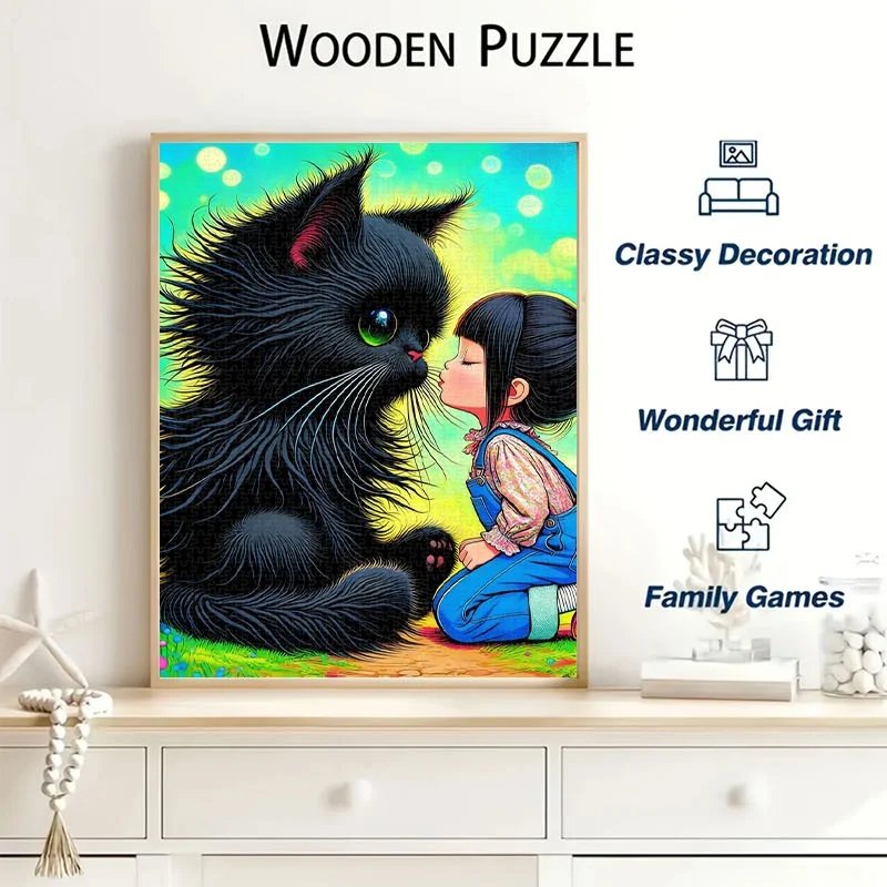 Puzzle fantaisiste pour chat et fille, 1000 pièces |   Puzzle portable en carton, 27,55 × 19,69 pouces, amusant anti-stress pour adultes, famille, joueurs,