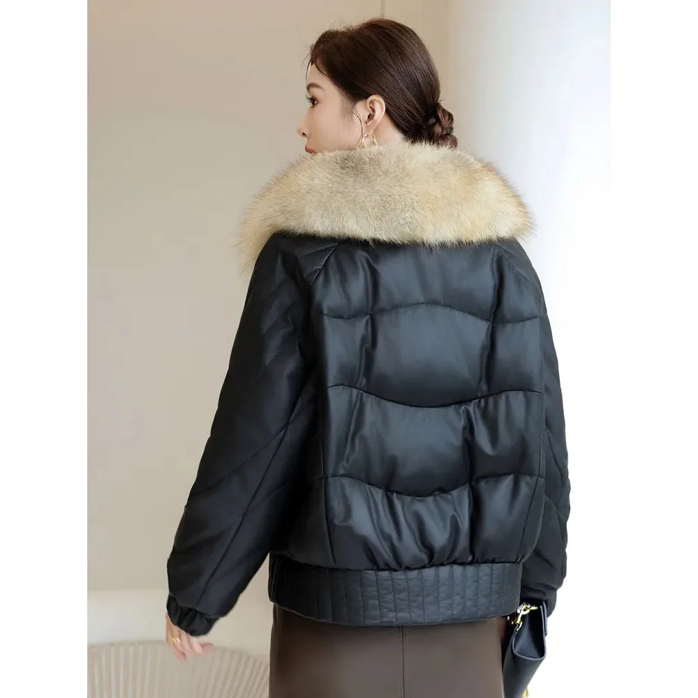 Giacca in pelle di cotone invernale di alta qualità nuova pelle di pecora da donna cappotto in pelle nera collo di pelliccia piumino corto parka Outwear