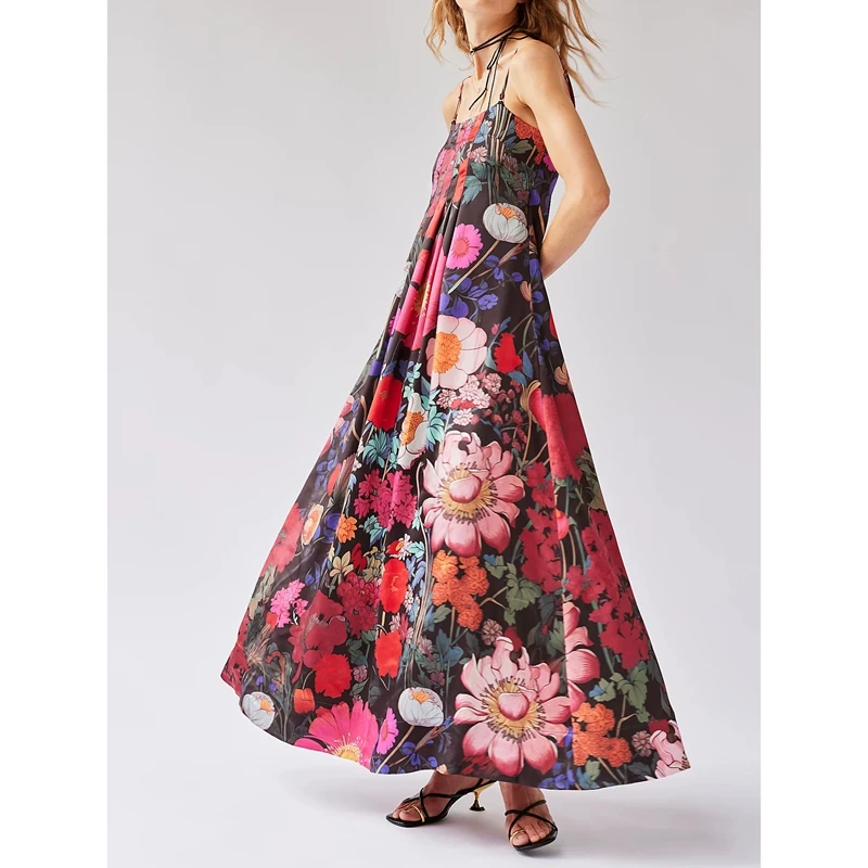 Combhasaki Donna Estate Boho Senza maniche Spalline regolabili Ritaglio posteriore Stampa floreale Abito lungo a trapezio fluido e setoso