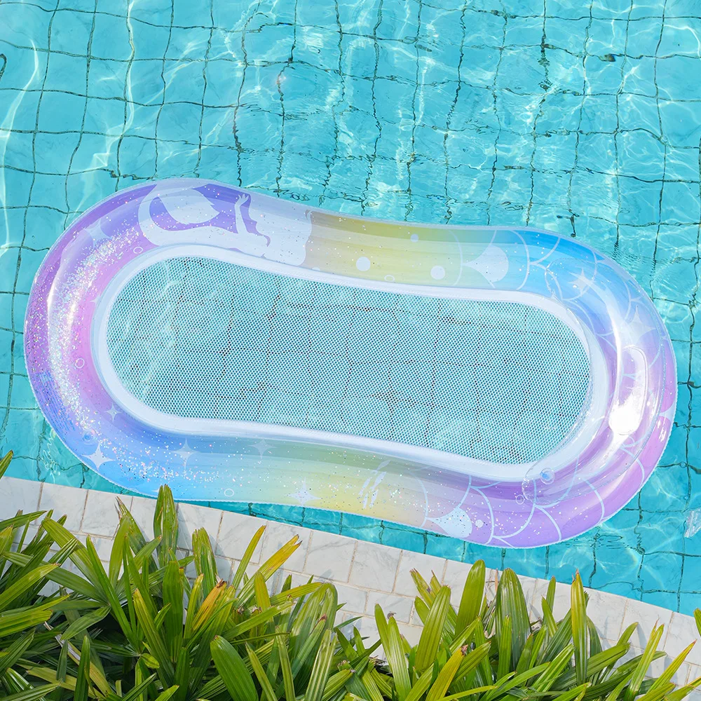 Mermaid Sequin Inflatable Floating Drainage Hammock - Net Seat Pool Float and Lounger for Beach, Lake and Spa Relaxation