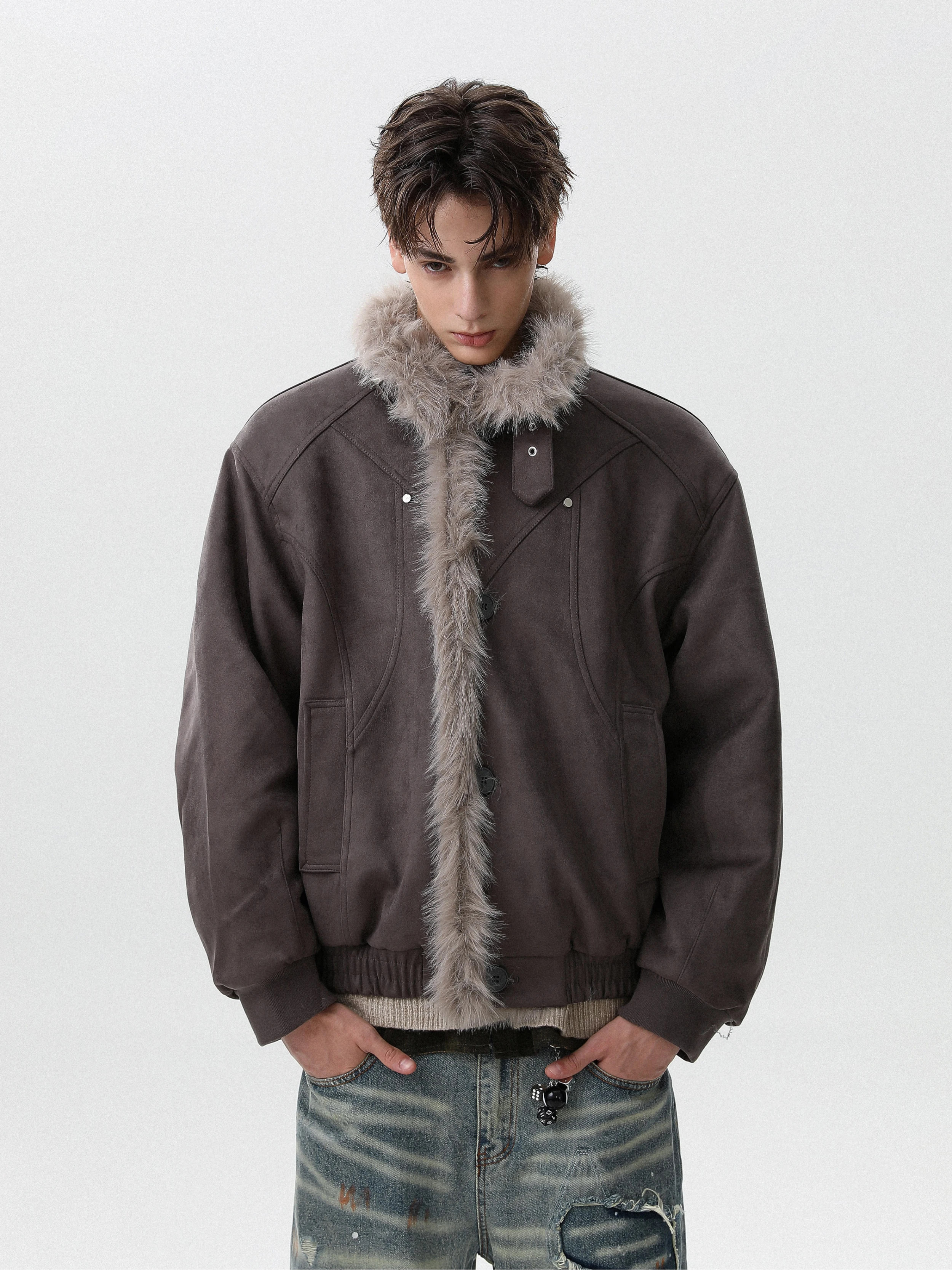Men's 2025 Autumn New American Style Retro Faux Fur Integrated Thickened Warm Parkas Lapel Trend Cotton Jackets Solid Color Tops