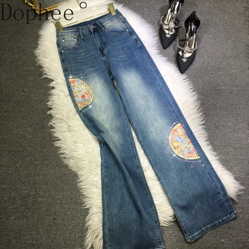 

Chinese Style Embroidery Hot Drilling Women Denim Pants Spring Summer Long Trousers Mopping Floor Wide Leg Straight Jeans Blue