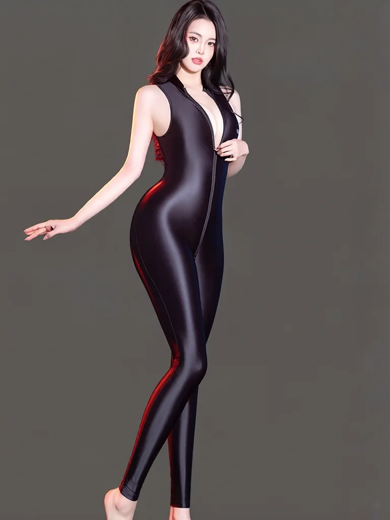 

Sleeveless Women's Jumpsuit High Elastic Satin Shiny Tights Zipper Open Nightclub Leotard Woman Shaping Wear Oil Shiny Unitard