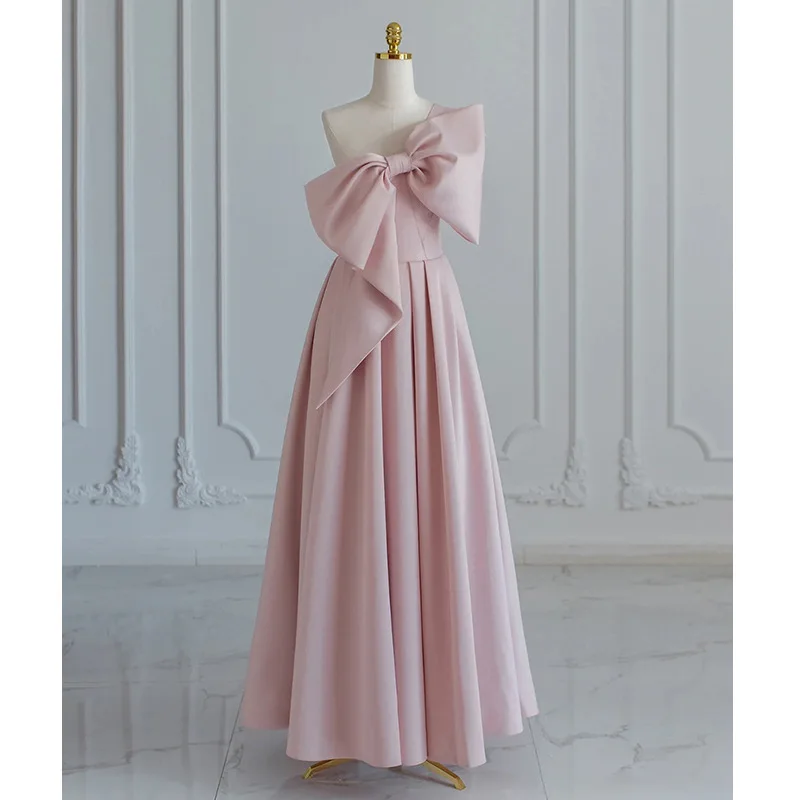 Customized Sweet Bow Princess Dresses One-shoulder Elegant Floor-length A-line Birthday Party Dress New Satin Simple Prom Dress