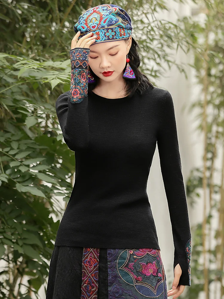 Chinese Vintage Long Sleeves Top Women Slim Black Embroidery Cotton Pullover O-neck National Style Blouse Spring Autumn T-shirt