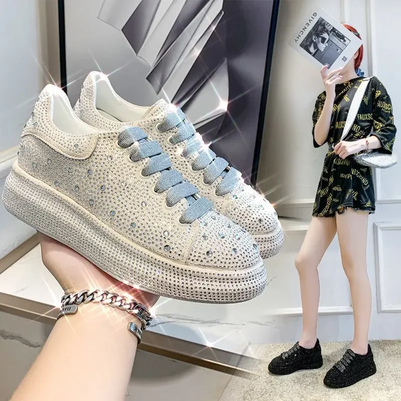 Autumn Spring New Women Platform Shoes Rhinestones Thick-soled White Silver Shoes Shining Crystal Sneakers Trend Casual Sneakers