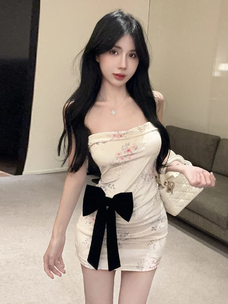 

Sexy Retro Sweet And Spicy Shoulder Bared Tube Dress Knot Waist Cinched Printed Skirt Wrap Bodycon Dress for Women