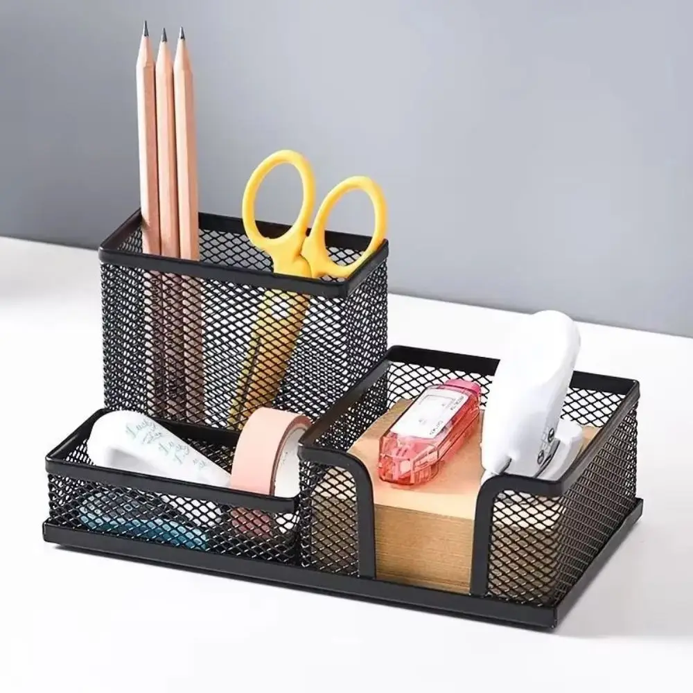 Practical Metal Pen Holder Mesh Design 3/4 Grid Pencil Storage Box Large Capacity Black Desk Stationery Organizer Education
