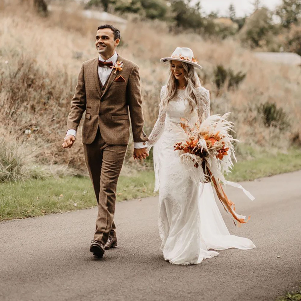 Twee Stukken Boho Kwasten Strand Trouwjurk Lange Mouwen Drop Schip Maatwerk Schede Crop Top Hals Omzoomd Bridal jassen