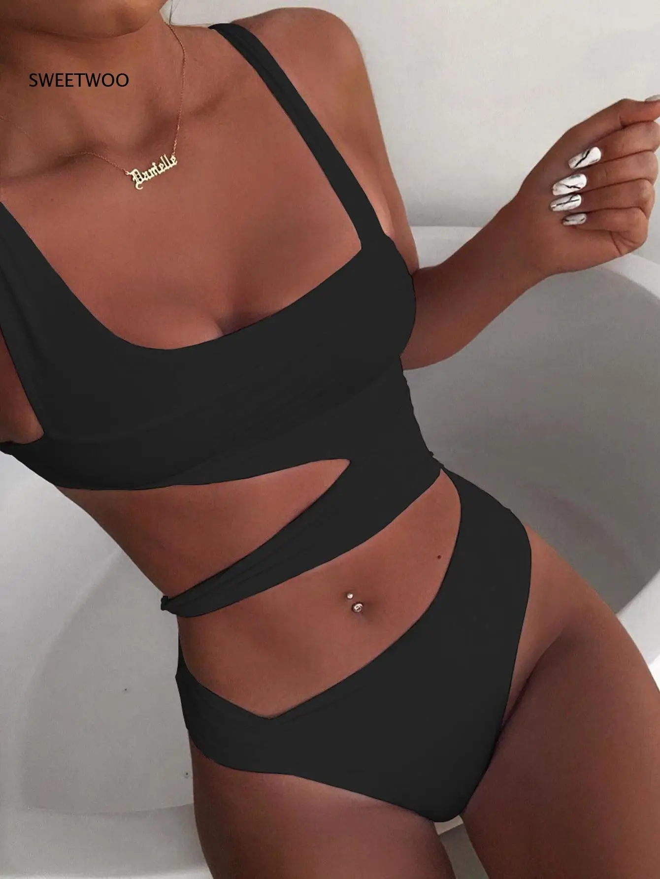 Women 2 Piece Solid Bikini Set Square Neck Sleeveless Wrap Cutout Midriff Top High Waist Bottom Bathing Suit For Beach