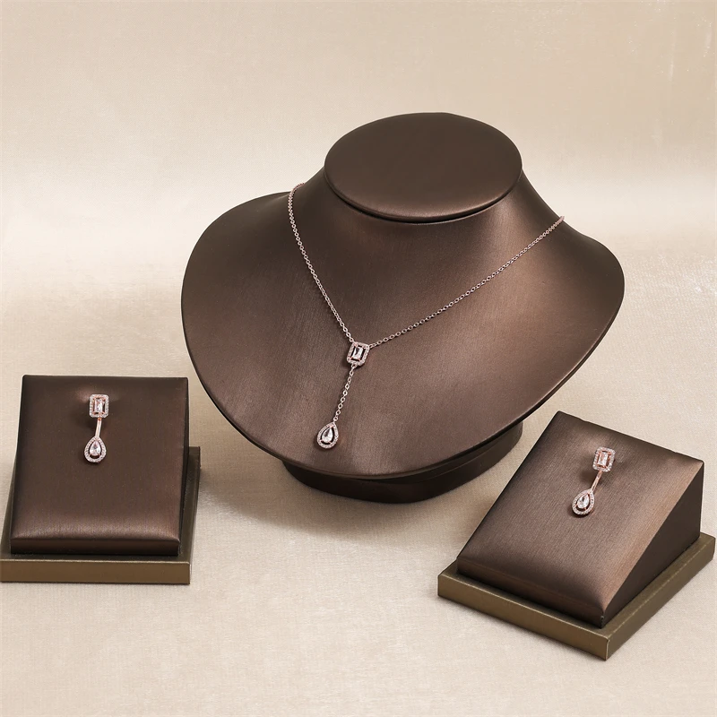 RAKOL Stylish Geometric Paper Clip Zircon Pendant Necklace Earrings For Women Men Gold Silver Color Statement Jewelry Set Gifts