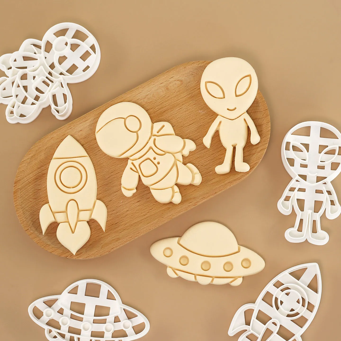 4 Pcs Space Cookie Cutter 3D Astronaut Rocket Alien UFO Shape Baking Mold for Kids Birthday Theme Party, Thanksgiving, Christmas
