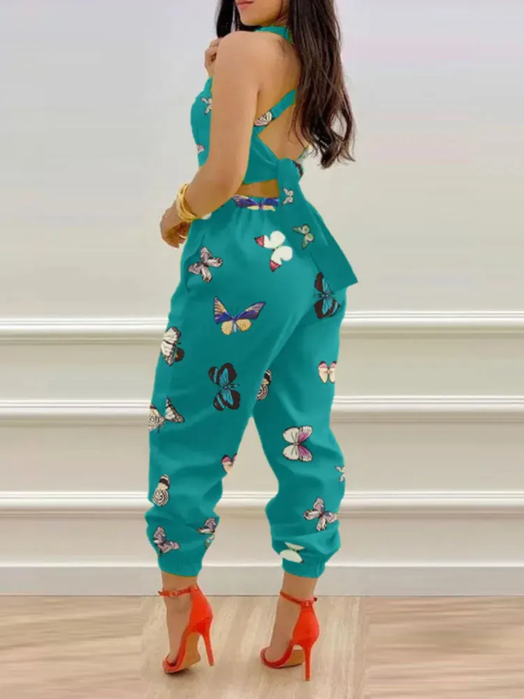 Jumpsuit Dài Nữ Thanh Lịch In Hình Bướm Crisscross Phối Ren Chi Tiết Hở Lưng Thời Trang Dễ Thương Xanh Jumpsuit Áo Phù Hợp Với Nữ