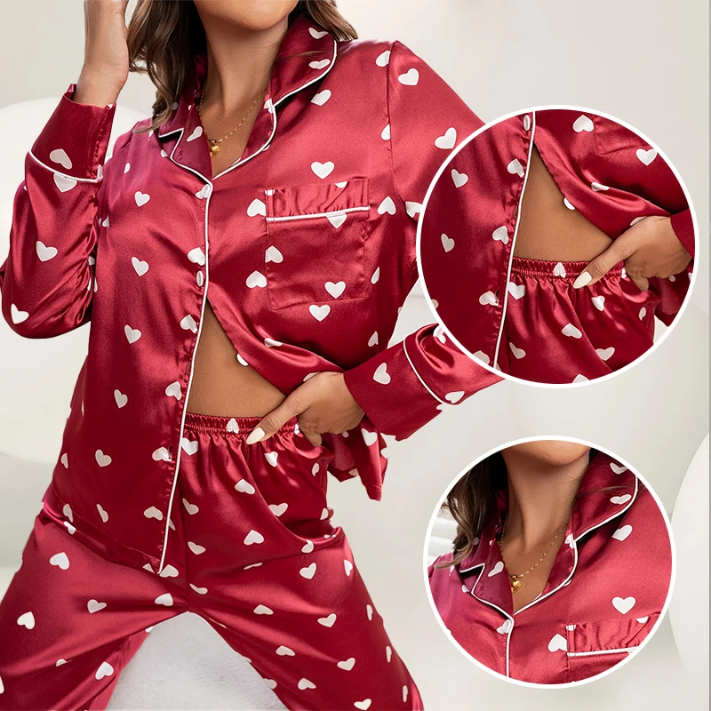 Women\'s Satin Silk Pajama Set with Love Printed Long Sleeved Shirt Paired with Long Pants Comfortabl Summer Home Clothing