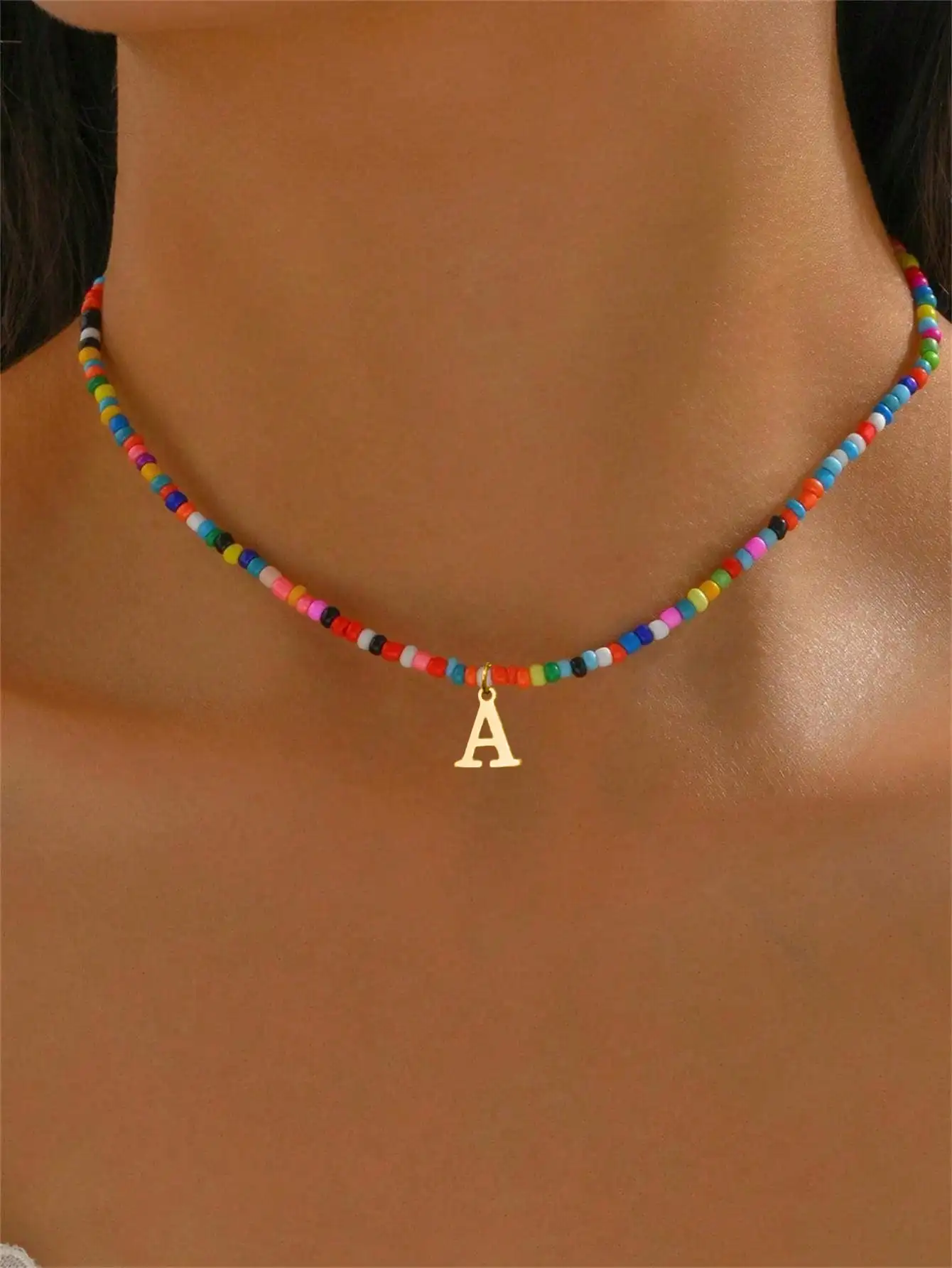 

Colorful Beaded Choker Necklace with Gold Letter A Pendant, Adjustable for Daily, Beach & Travel Wear