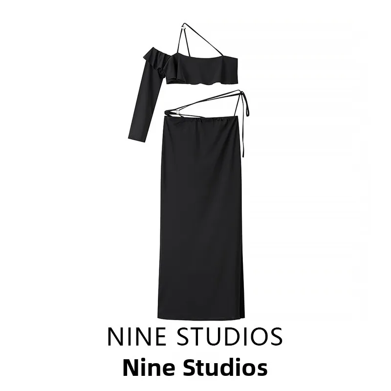 

Sexy ort Knitted f-length Single-sve Hanging Collar Top And Skirt Wrap-around Set for Women Faionable Autumn Outfit