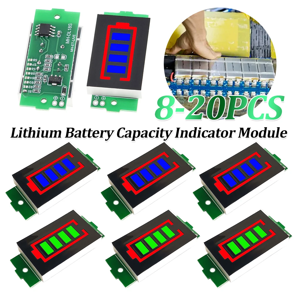 8-20PCS 1/2/3/4/6/7/8S Electric Vehicle Battery Power Tester LED Display Lithium Battery Level Indicator 4 Sections 3-34V 5mA