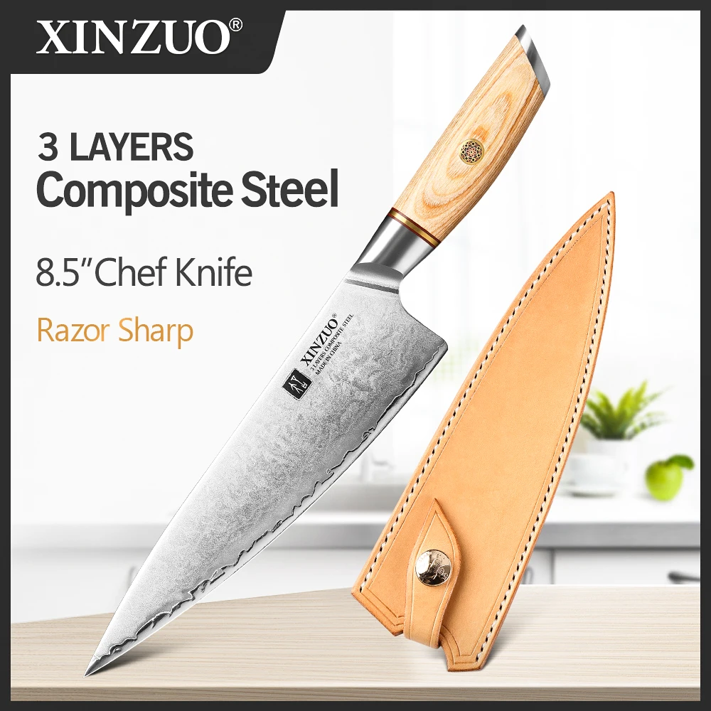 XINZUO 8.5\'\' Chef Knife 10Cr15CoMoV Steel Core Composite Steel Kitchen Knives Meat Tools with Japanese Style Pakkawood Handle