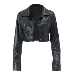 Womens Motorcycle Style Patent Leather Bomber Jackets Coat Party Club Turn-down Collar Long Sleeve Button-up Crop Top Outerwear