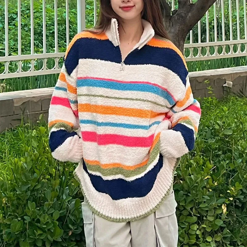 

Dopamine Style Lazy Sweater for Women, Autumn and Winter New Sweet Rainbow Striped Loose Stand Collar Half-Zip Knit