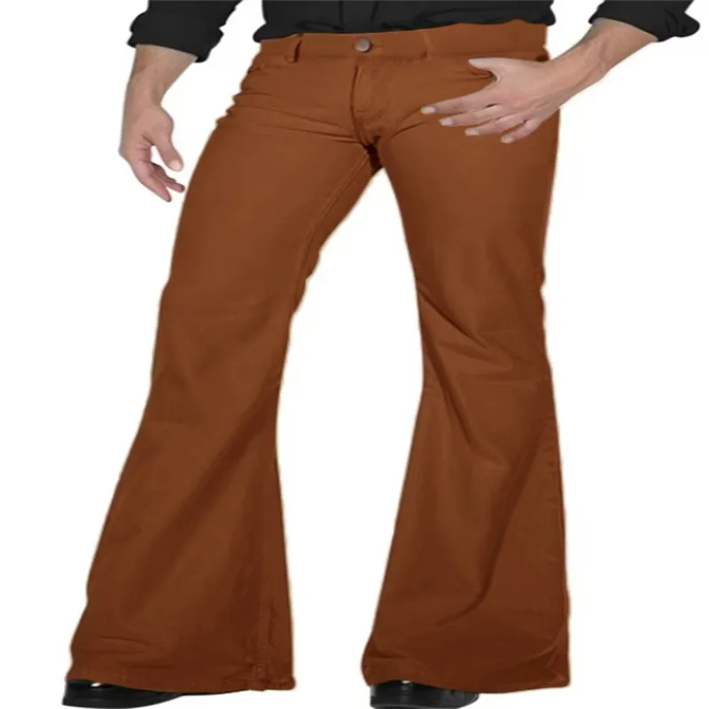 Fashion Men's Retro Flare Pants Solid Color Mid-Rise Trousers Casual Classic 70s Men Bell Bottom Zipper Fly Long Trousers